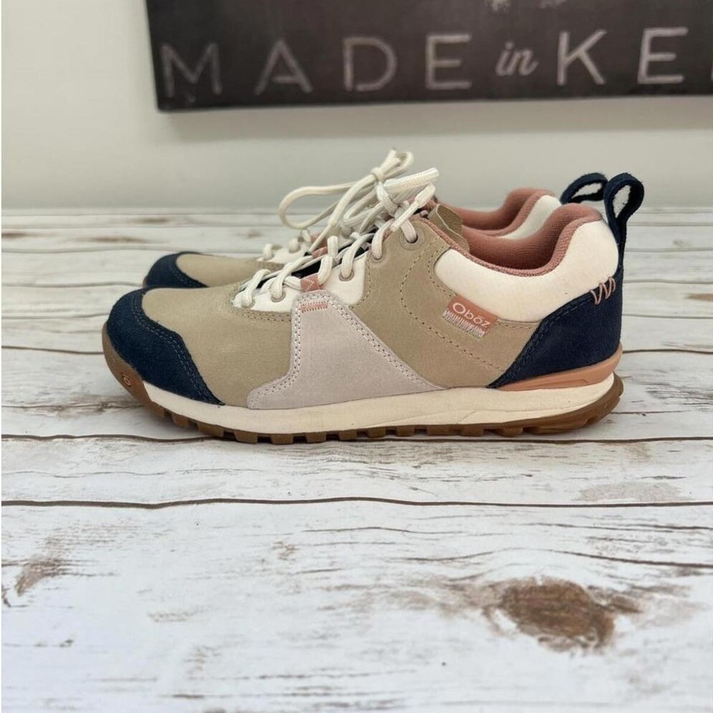 Oboz Bozeman Low Hiking Shoes Tan Navy Pink Suede Sneakers 6.5